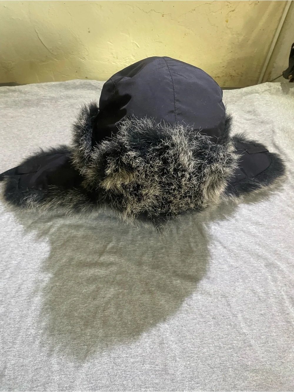 Black Solid Trapper Hat Faux Fur Trim Ear Flaps Lined One Size Cotton/Poly